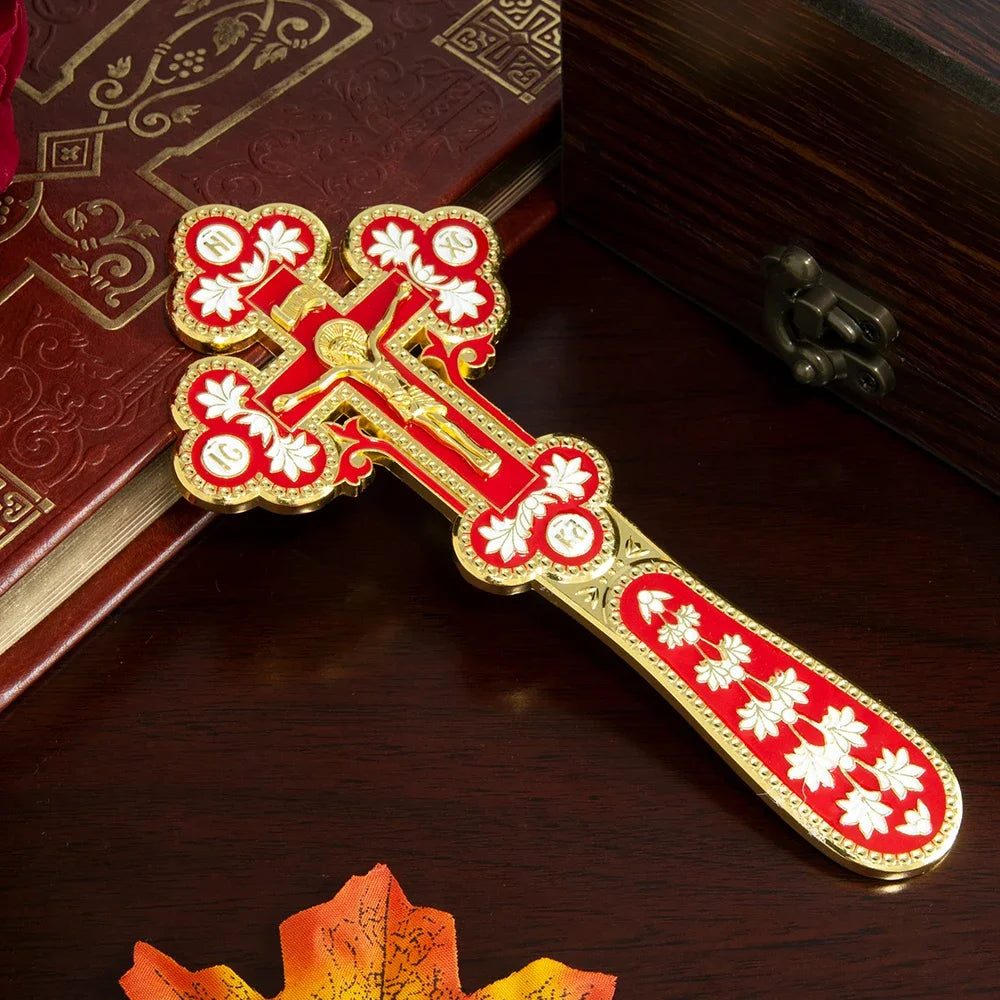 HTISOK Orthodox Blessing Handheld Church Cross Gold Plated Colorful Enamel Jesus icon Cross INRI Crucifix Single Face Jesus