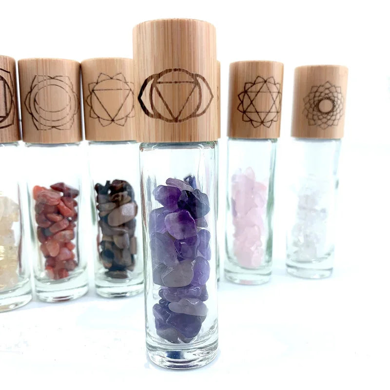 Chakra Stones Reiki Healing Crystal Roller Bottle with Engraved Chakra Symbols Bamboo Cap Balancing Stones 7 pcs P305
