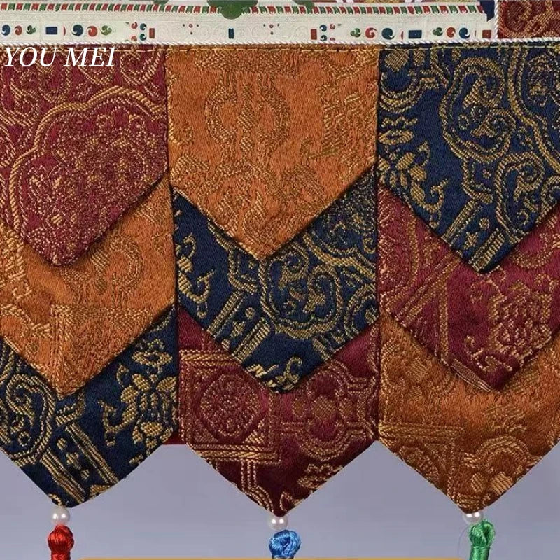 Five Buddha Statues Patterned Tibetan Curtain Flags,Colorful Embroidery Prayer Flag,1m Buddhist Item Hall Floral Hanging Curtain
