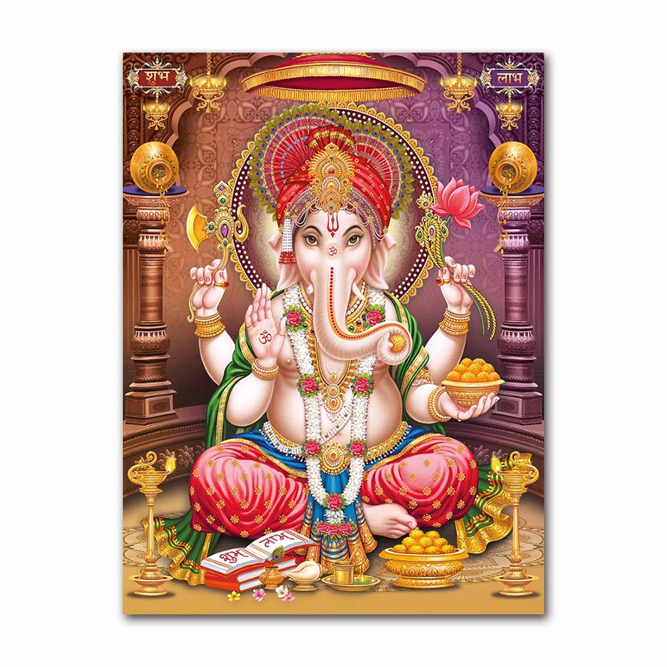 India Hindu Golden Ganesha Temple Poster Shiva Parvati Painting Canvas Prints Elephant God Religion Picture Room Hoom Wall Decor
