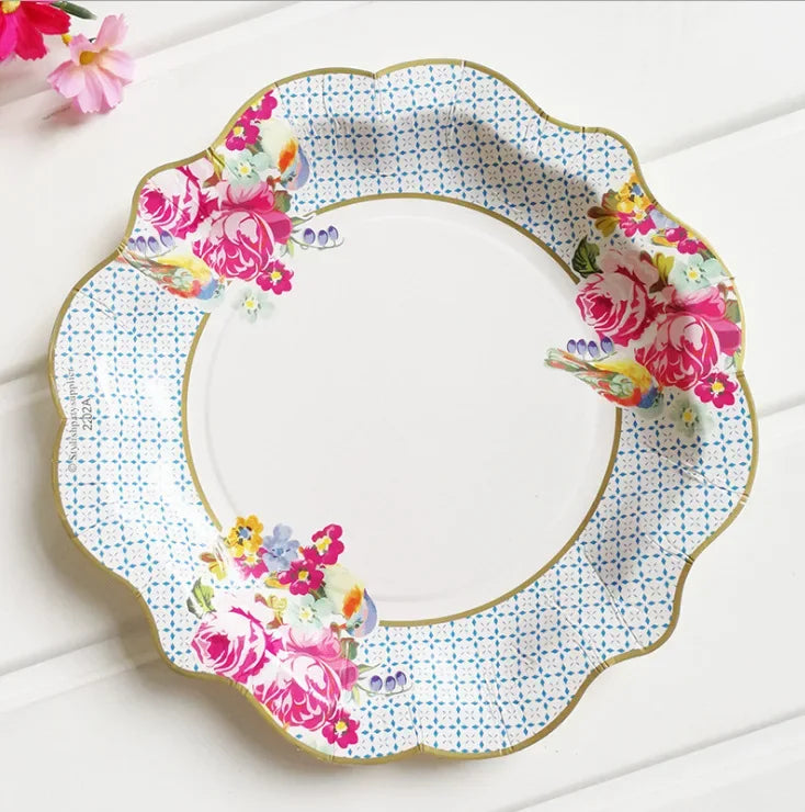 8pcs Chinese Blue White Porcelain Plate Party Decoration Plate Retro Wave Edge Plate Holiday Cake Plate Disposable Paper Plate