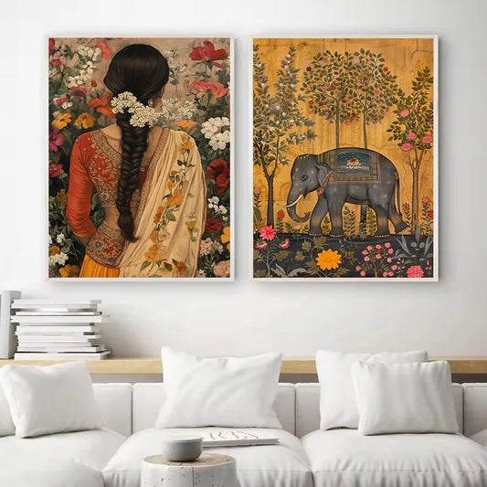 Retro Traditional Indian Woman Lady in The Garden Animals Pattern Poster Canvas Painting Wall Art Pictures Home Interior Decor