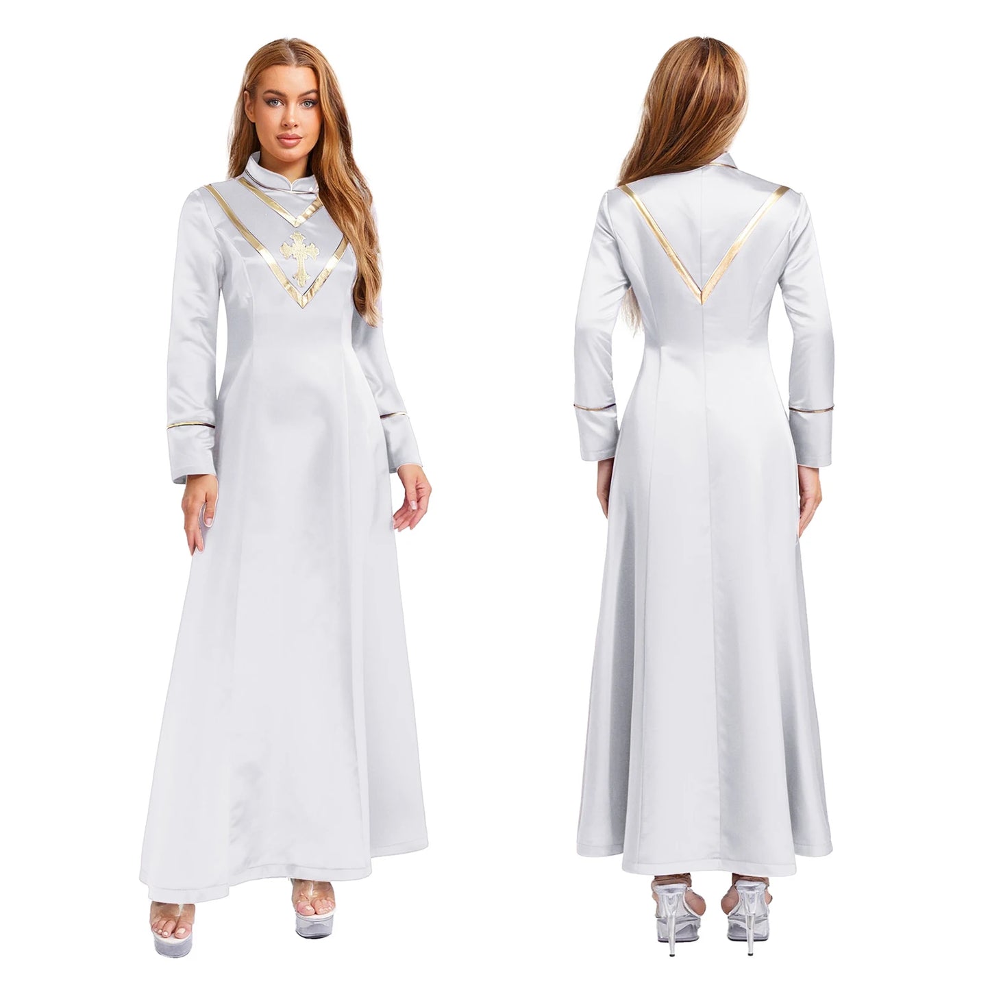 Women Pastor Robe Cassocks Long Sleeve Cross Print Priest Vestment Church Choir Gown Halloween Catholic Clergy Cosplay Costume