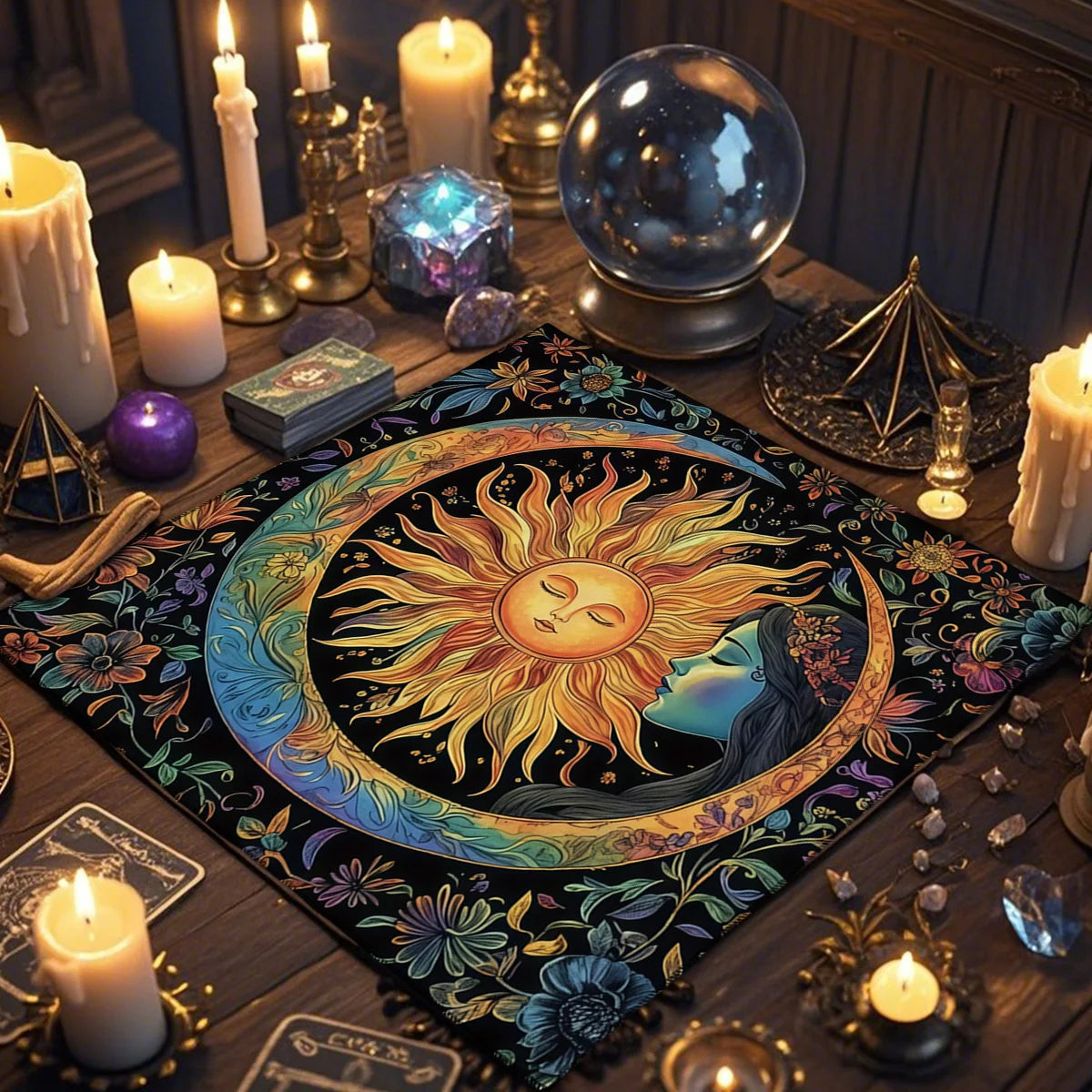 Floral And Sun Tarot Card Tablecloth Altar Cloth Flower Life Spread Tarot Reading Cloth Spiritual Oracle Card Pad