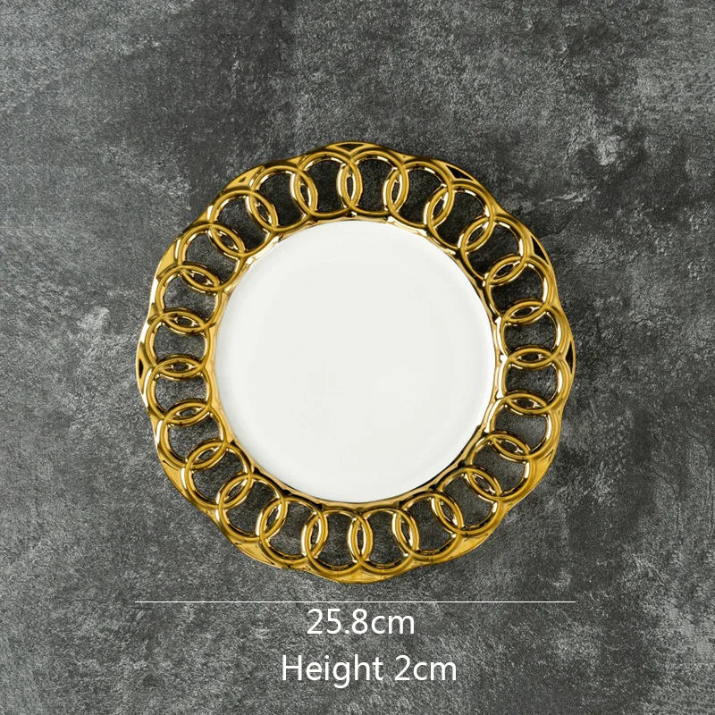 Gold Plated Hollow Out Ceramic Plate Steak Plate Dessert Snack Plate Fruit Salad Plates Service Plates Restaurant Tableware