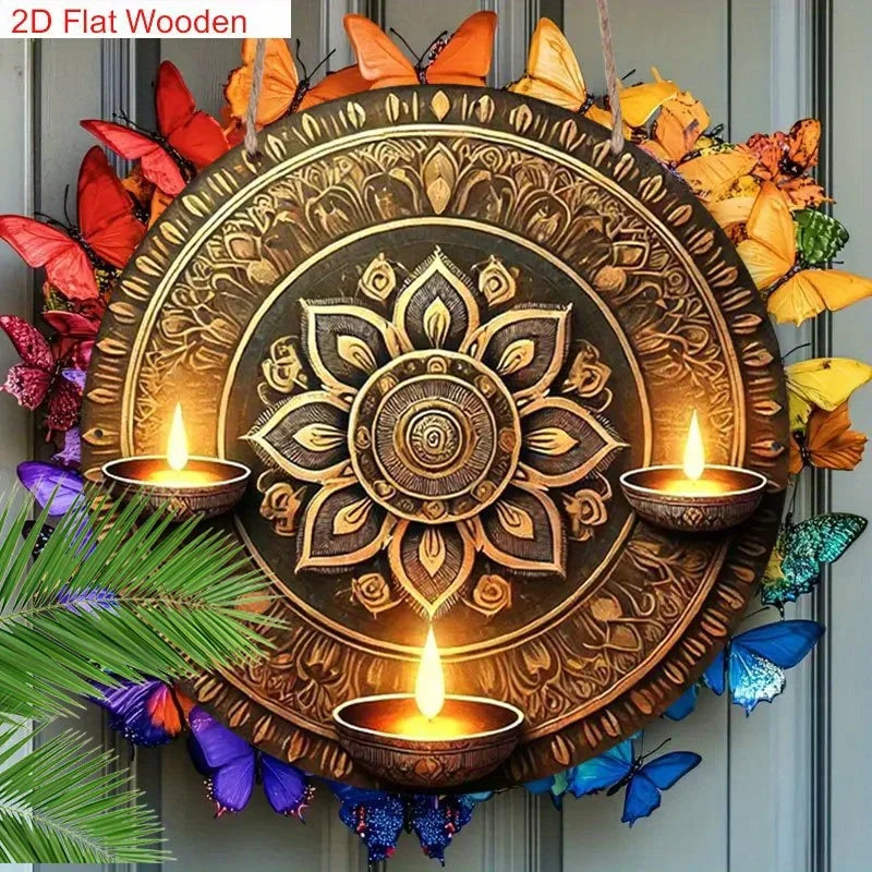 2D Flat One Piece Wooden Traditional Oil Lamp And Artistic Painted Design Happy Diwali Round Sign for Decorating Home Bedroom Li