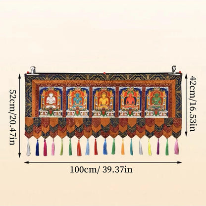 Five Buddha Statues Patterned Tibetan Curtain Flags,Colorful Embroidery Prayer Flag,1m Buddhist Item Hall Floral Hanging Curtain