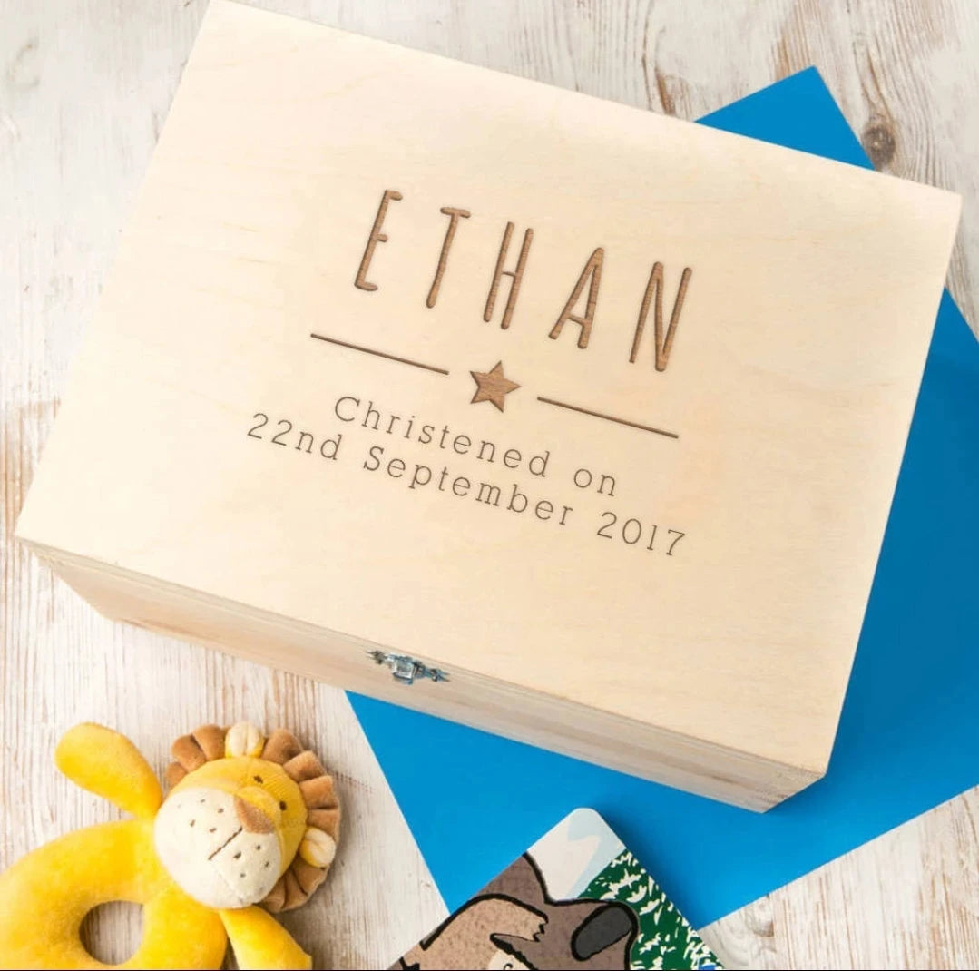 Personalized Wooden Baptism Keepsake Box ,Baptism Gifts For Baby Girl Or Baby Boy, Engraved Memory Box That Pattern With Wreath