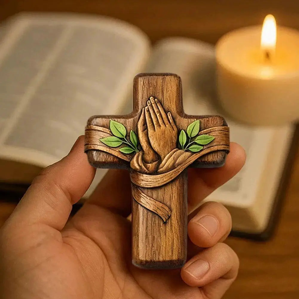 Portable Wooden Prayer Cross Pocket Card with Bag for Easter Christmas Token, Small Pocket Prayer Cross with Card Church Favors
