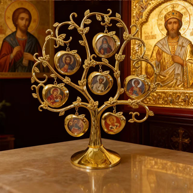 Gold Plated Orthodox Tree of Saints Icon Stand with Saint Icon Pendants for Church Home Altar Religious Devotion Christian Decor
