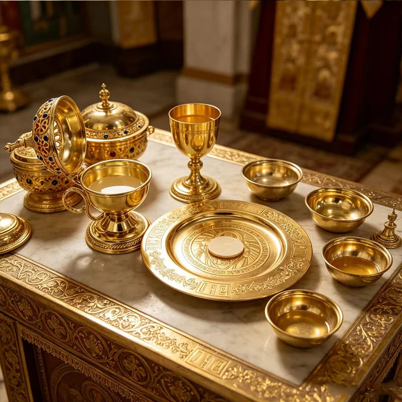 Gold Plated Orthodox Liturgical Communion Set Chalice Paten Spoon for Church Eucharist Service Christian Religious Supplies Deco