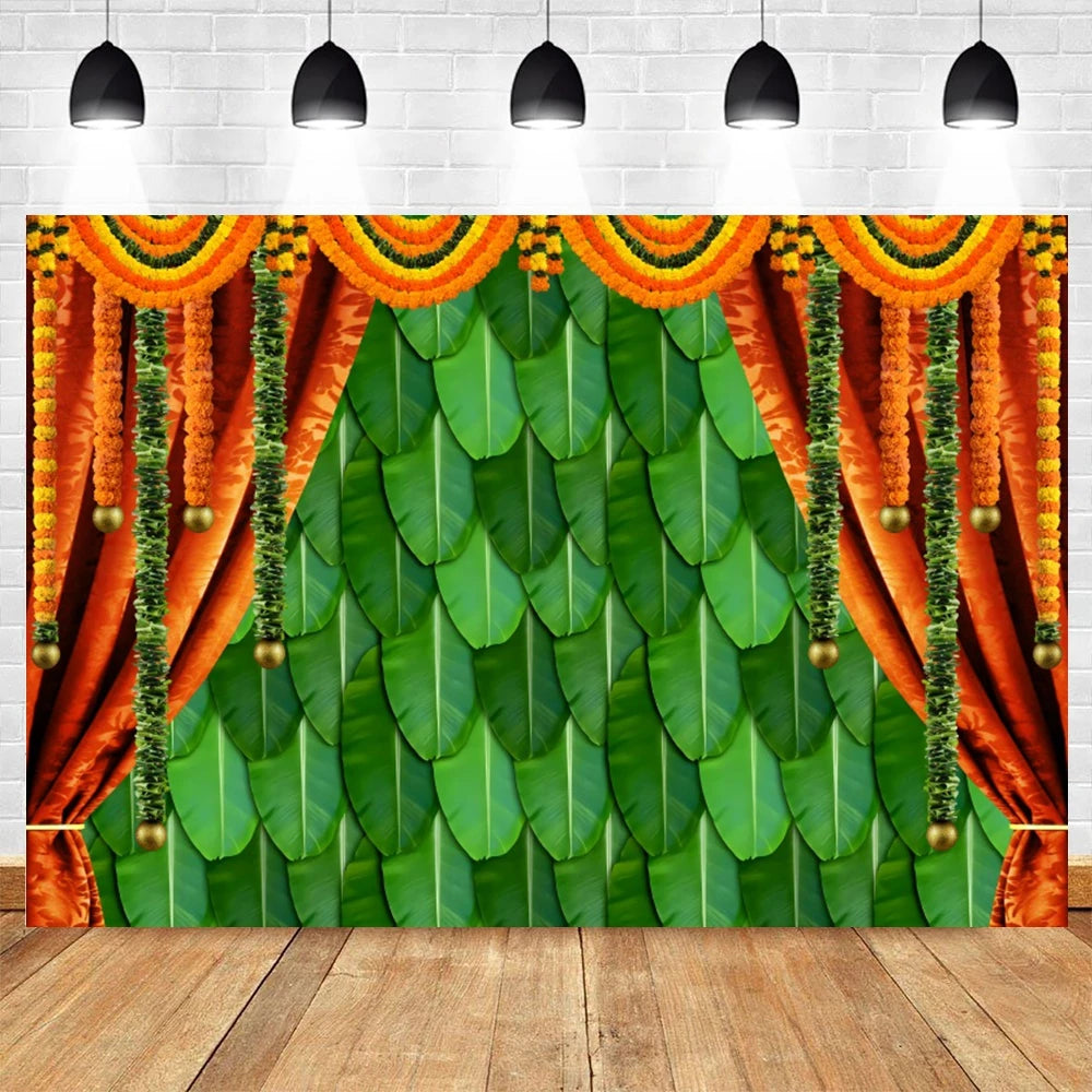 Indian Traditional Photography Background Marigold Green Leaf Hindu Indian Wedding Holi Flowers Garland Anniversary Backdrops