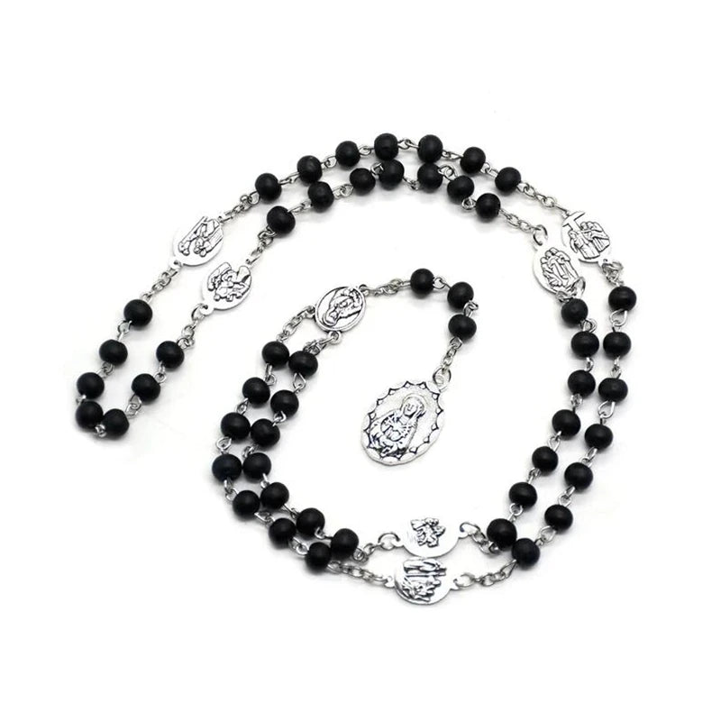 The Seven Bitter Rosary Church Catholic Wood Beads Virgin Pendant Necklace Religious Jewelry Black Red
