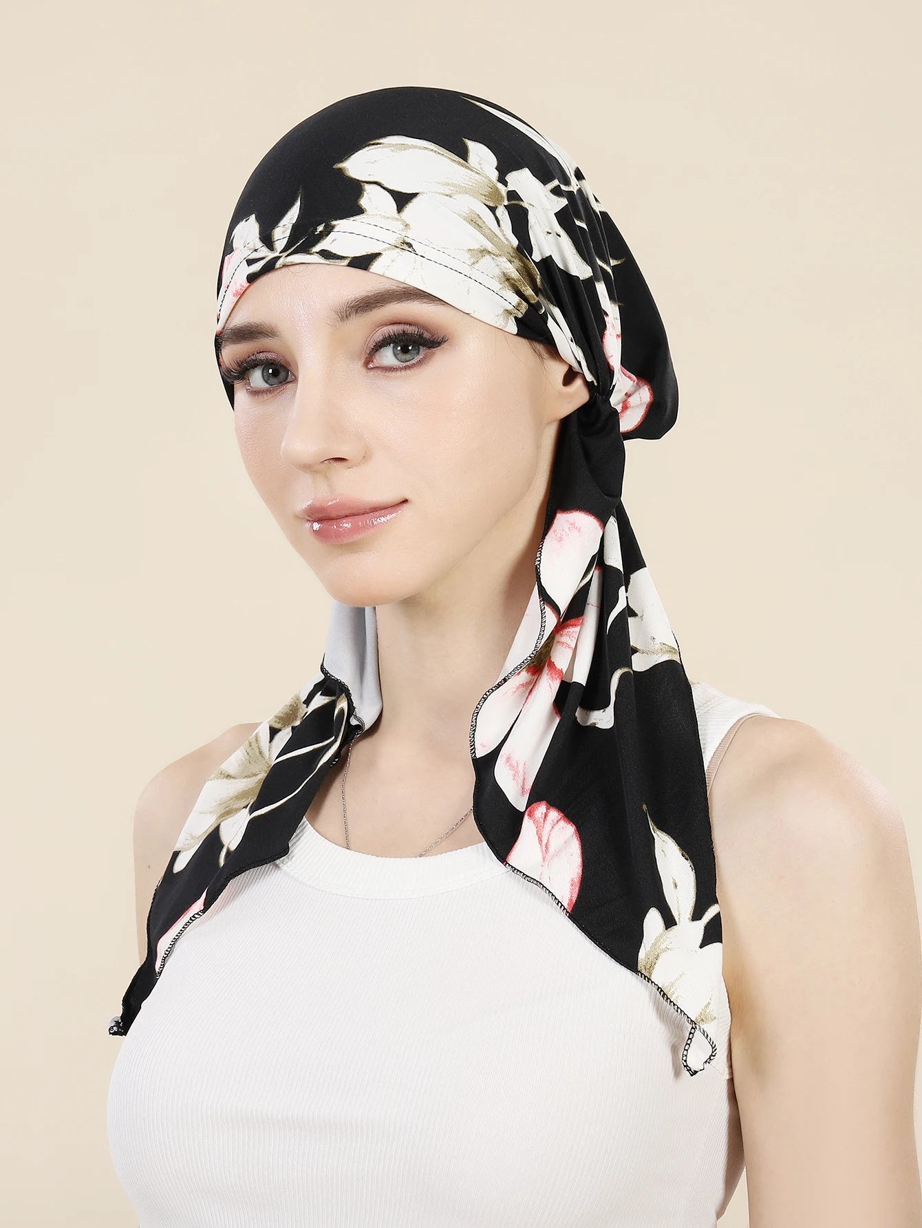 Muslim Fashion Print Hijab Turban Hats Long Tail Head Wraps Elastic Hijab Hats Breathable Chemo Cap For Women Girls