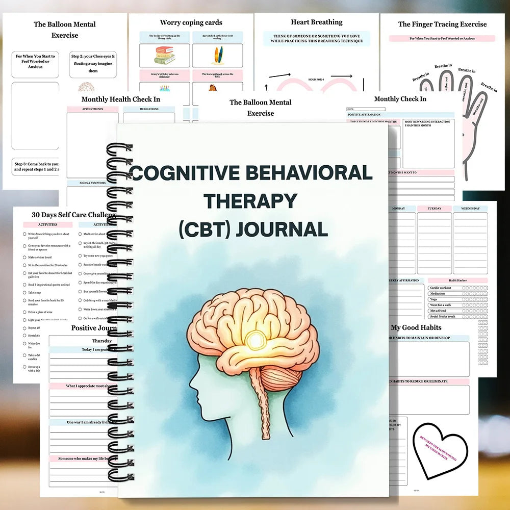 1SET Spiral Notebooks CBT Therapy Emotional Wellness Journal, Brain-Illustrated Mental Health Notebook, Spiral Binding, Cognitiv