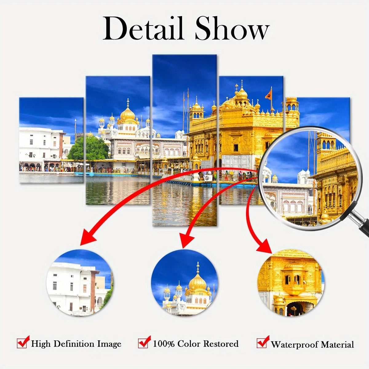 5pcs Framed Amritsar Golden Temple Canvas Art Set Islam Posters DIY Frame Wall Decor for Living Room, Bedroom, Office No frame