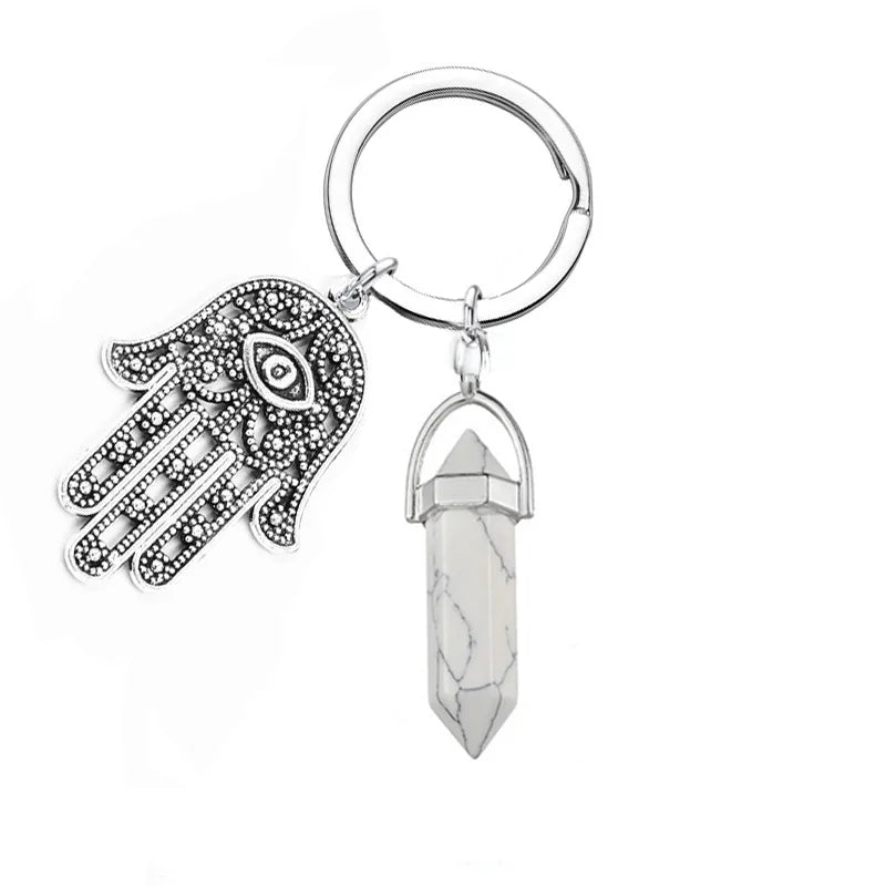 1Pc Natural Stone Crystal Points Keychain with Hamsa Hand Evil Eye Charms Reiki Energy Good Luck Amulet for DIY Jewelry Making