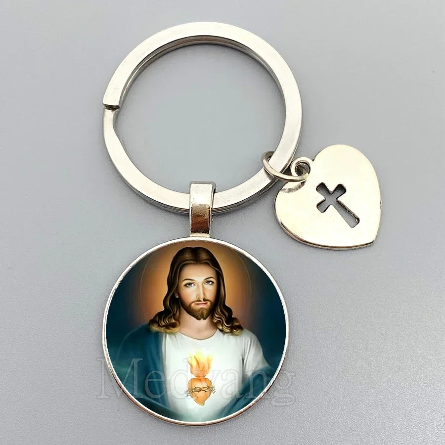 Jesus Sacred Heart Keychain Virgin Mary Glass Dome Key chain Catholic Men's and Women's Jewelry Gifts