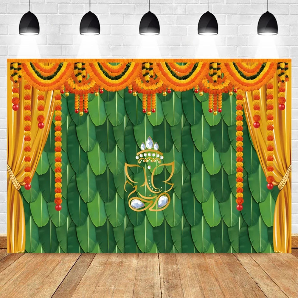 Indian Traditional Photography Background Marigold Green Leaf Hindu Indian Wedding Holi Flowers Garland Anniversary Backdrops