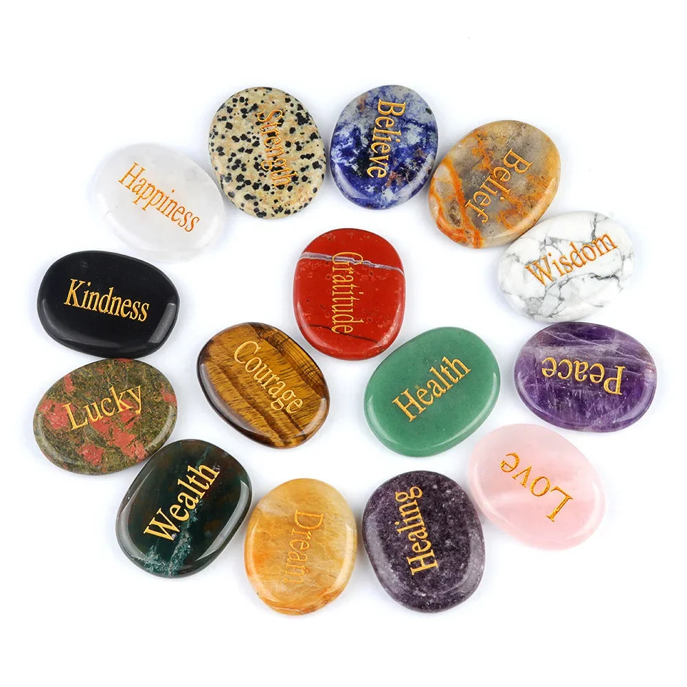 Natural Stone Crystal Engraved Different Inspirational Word Worry Stones Reiki Healing Crystals Palm Gemstone Thanksgiving Gifts