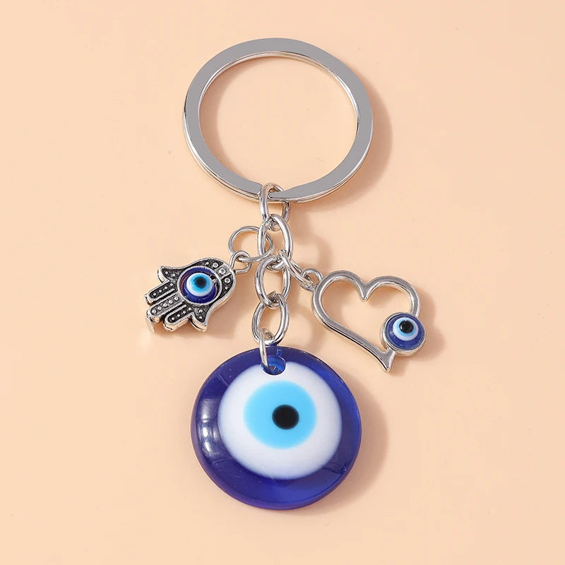 Aihua Lucky Eye Alloy Fatima Hand Keychain Heart Glass Bead Blue Turkish Evil Eye Key Chain Car Keyring for Women Men Jewelry