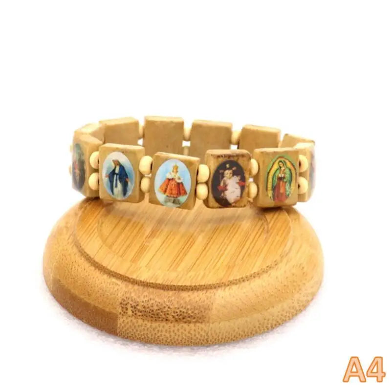 Wooden Rosary Bracelet - Elegant Religious Icon Stickers, Drip Oil Finish, Spiritual Beaded Prayer Jewelry For Devotional Wear_