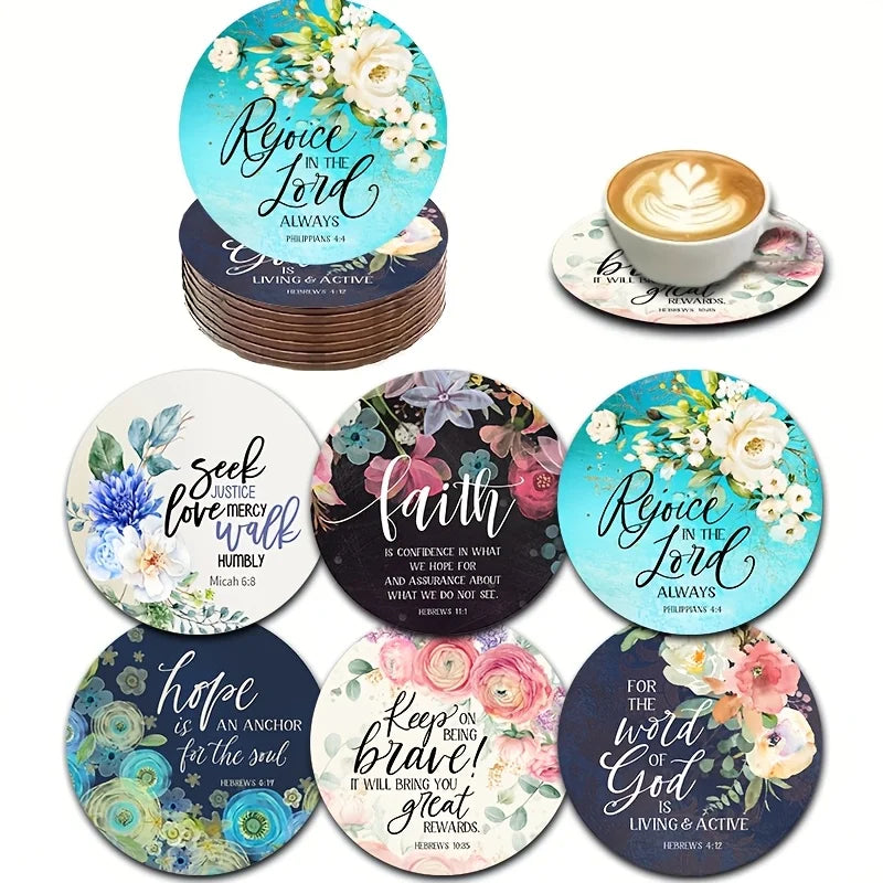 6 pcs 2D 4in Wooden Coasters Bible Verses and Floral Patterns Theme Desktop Insulation Mats Home Decor Coffee Mug Coasters