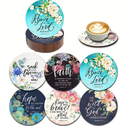 6 pcs 2D 4in Wooden Coasters Bible Verses and Floral Patterns Theme Desktop Insulation Mats Home Decor Coffee Mug Coasters