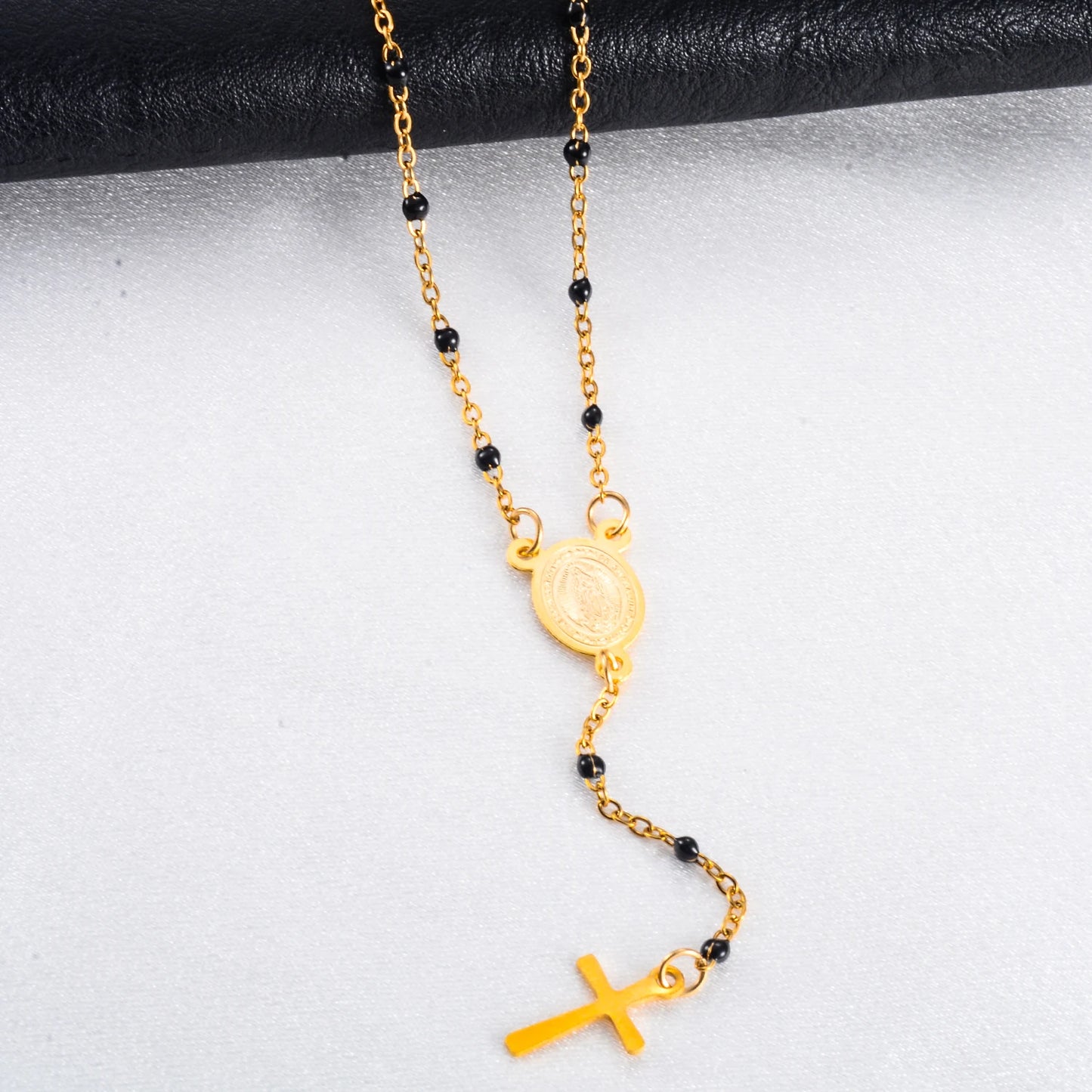 Jesus Stainless Steel Cross Rosary Christian Catholic Religious Width 1.5mm Enamel Satellite Bead Cable Link Chain Necklace