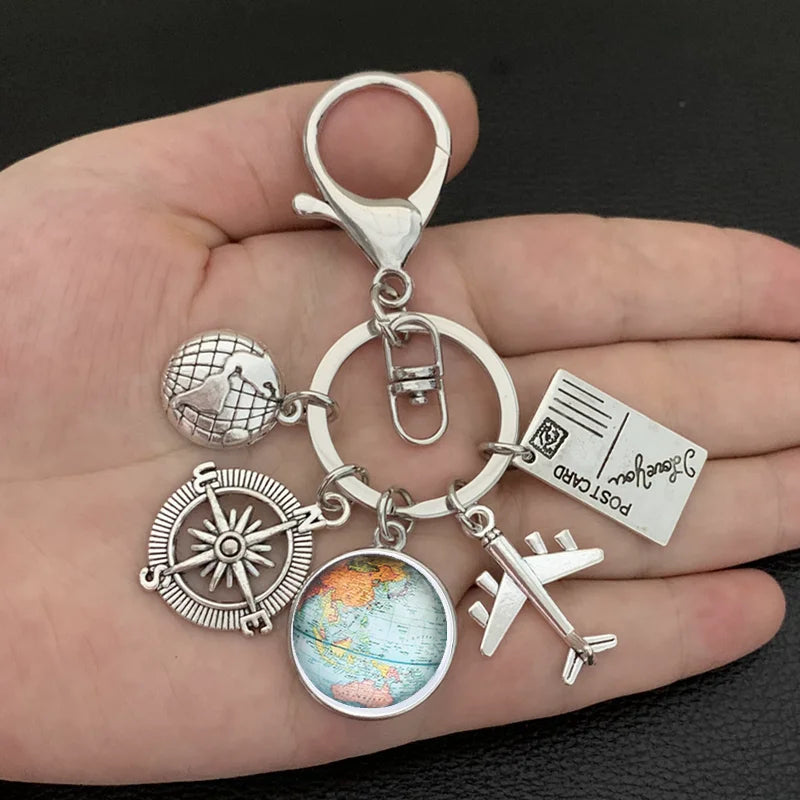 New ideas Earth plane keychain pendant earth compass personality memorial key ring gift for travel lovers