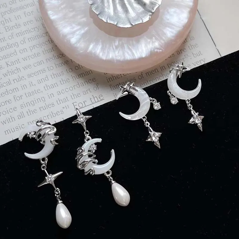Fashion Asymmetric Shiny Star Moon Drop Earrings for Women Exquisite Metal Crystal Pearl Earrings Aesthetic Jewelry Accessories