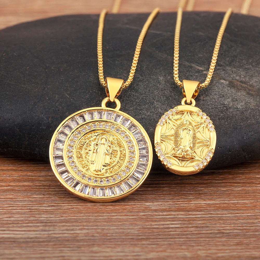 Nidin New Retro Oval/Round Shape Religious Style Zircon Flip Pendant Necklace For Female Male Lovers Photos Jewelry Accessories