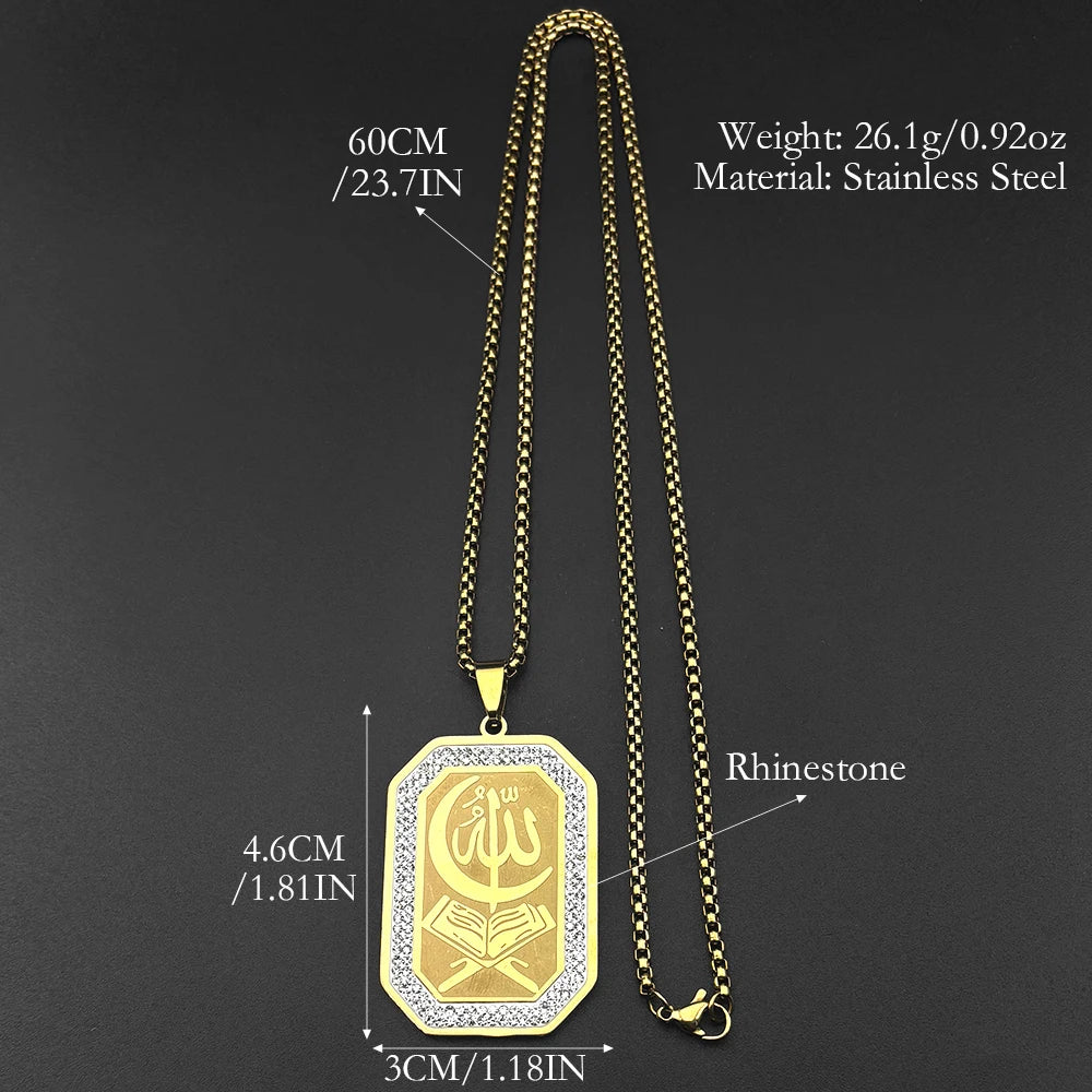 Islamic Quran Allah Crescent Moon Pendant Necklace for Women Men Stainless Steel Gold Color Rhinestones Muslim Chain Jewelry