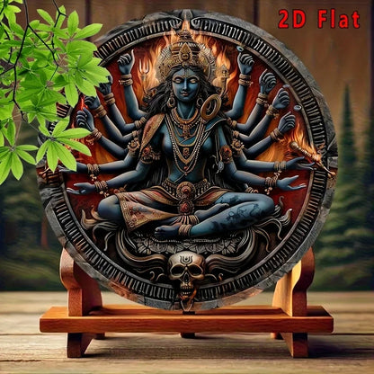 2D Flat Hindu Goddess Kali Multi-Armed Deity Round Metal Tin Sign - Spiritual Indian Mythology Themed Wall Decor, Mystical Relig
