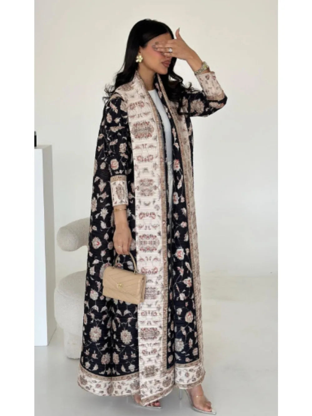 Muslim Pleated Abaya Stretch Open Dress Dress Women Eid Maxi Caftan Cardigan Robe Print Dubai Kaftan Islam Vestidos Jalabiya