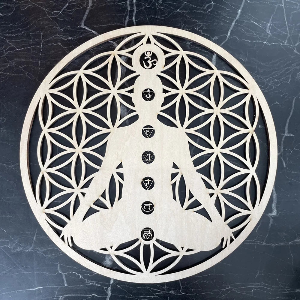 Wooden Flower Of Life Natural Symbol Sacred Geometry Ornaments Home Decoration Chakra Carved Coaster Wood Sign Wall Kitchen DIY
