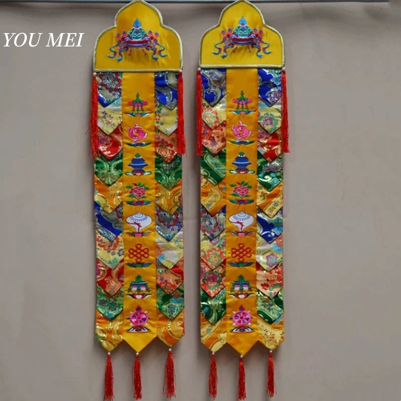 1Pcs Tibetan-Style Flags,Embroidered Eight Auspicious Symbols Pattern Hanging Banner,Nepal Temple and Chapel Altar Prayer Flag
