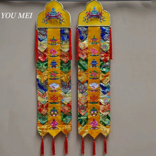 1Pcs Tibetan-Style Flags,Embroidered Eight Auspicious Symbols Pattern Hanging Banner,Nepal Temple and Chapel Altar Prayer Flag