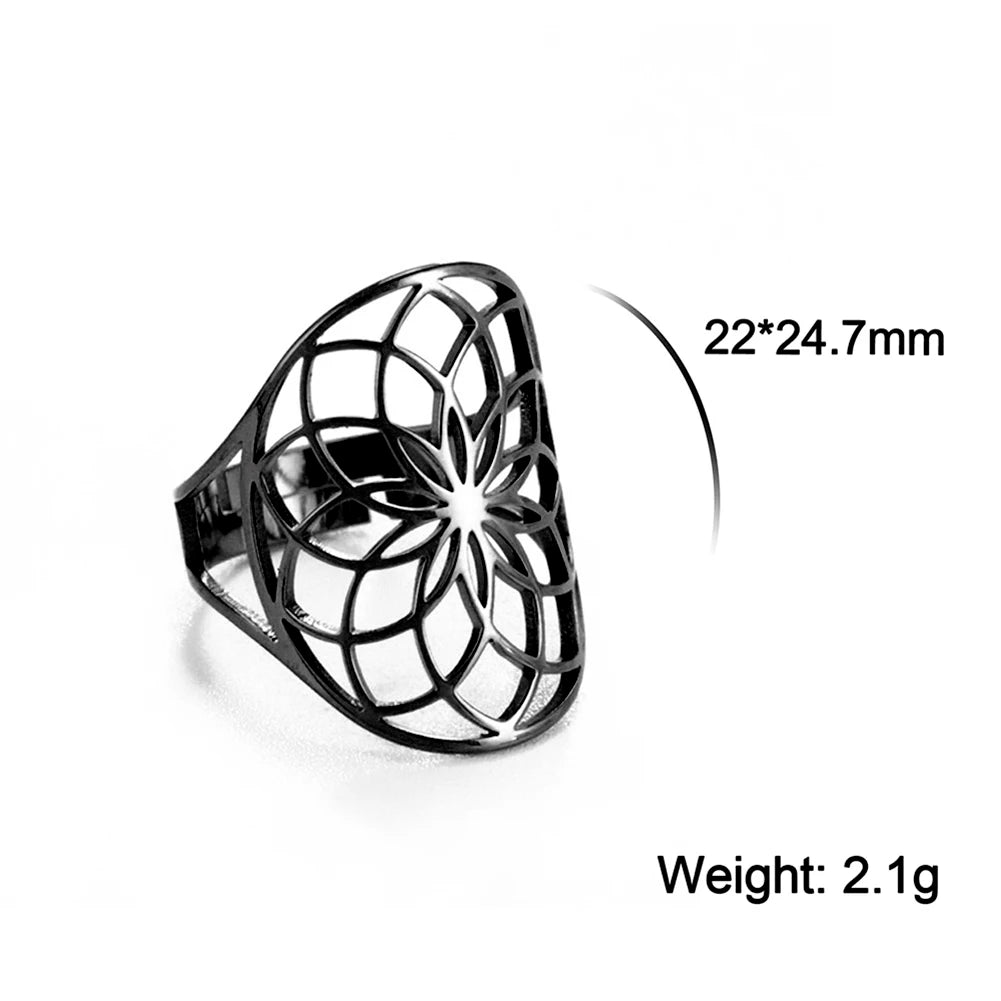 Unift Sacred Geometry Flower of Life Ring Adjustable Stainless Steel Ring Men Women Accessories Vintage Filigree Jewelry Gifts