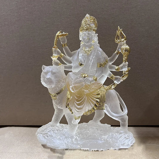 Indian Goddess Durga Statue - Resin Water Glass Figurine Riding Tiger & Lion for Worship