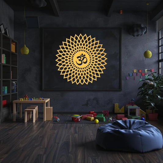 20" Radiant "Aum" Golden Metal Wall Sculpture | Sacred Mandala for Zen/Spiritual Spaces | Halloween & Christmas Gift
