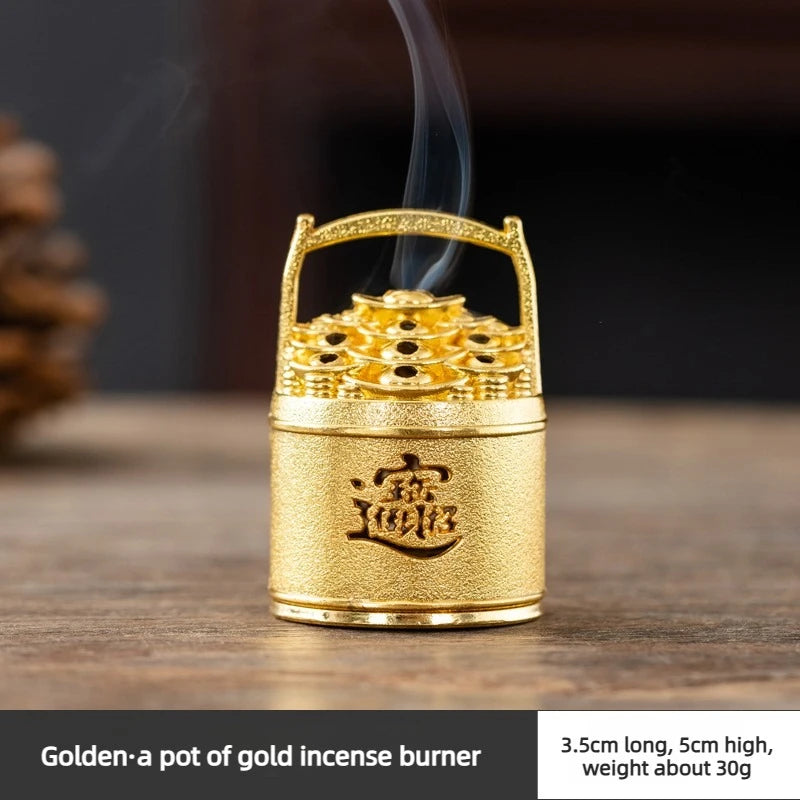Mini Bucket Shaped Incense Burner Lucky Wealth Desktop Ornament for Home Meditation Aroma Gold Ingot Fortune