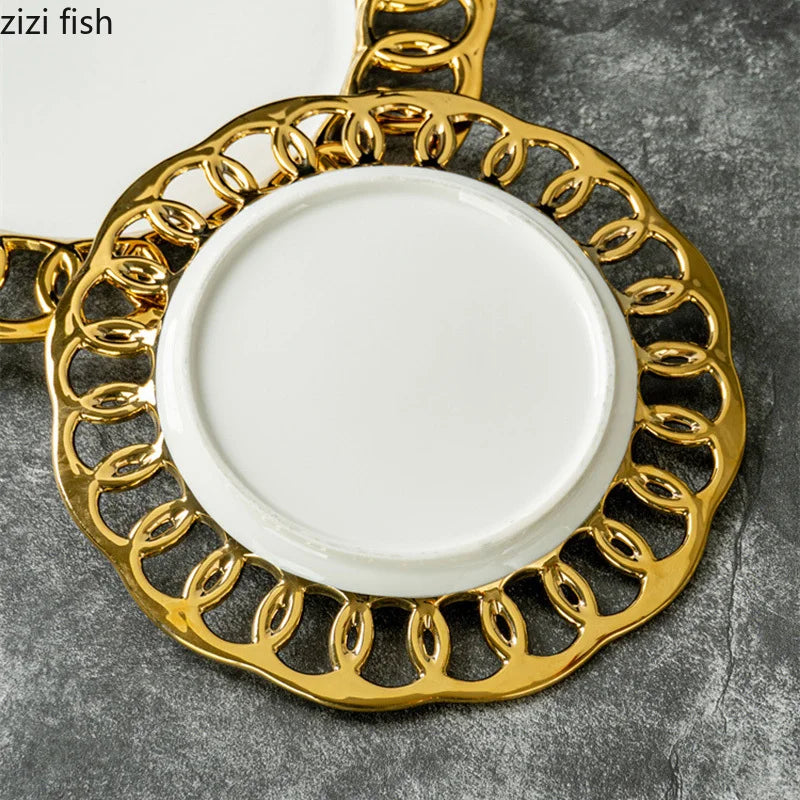 Gold Plated Hollow Out Ceramic Plate Steak Plate Dessert Snack Plate Fruit Salad Plates Service Plates Restaurant Tableware