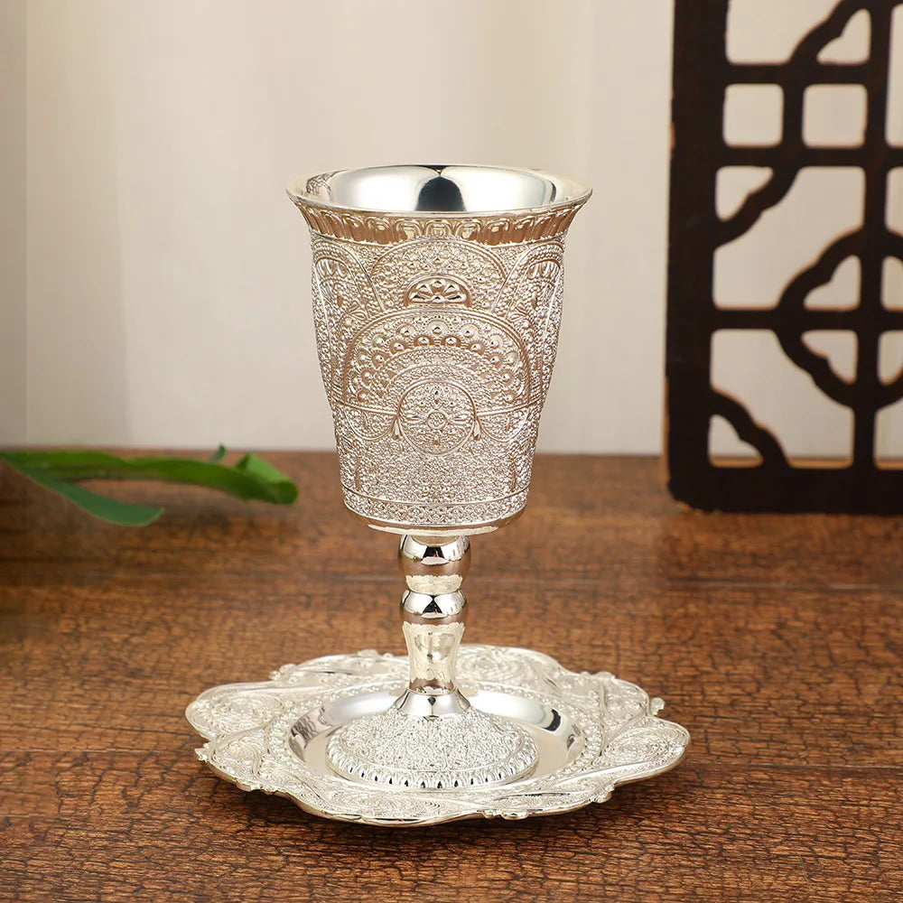 Silver Plated Kiddush Cup Nickel Plated Wine Cup with Saucer Jewish Shabbos Goblet Passover for Havdalah Passover Gift