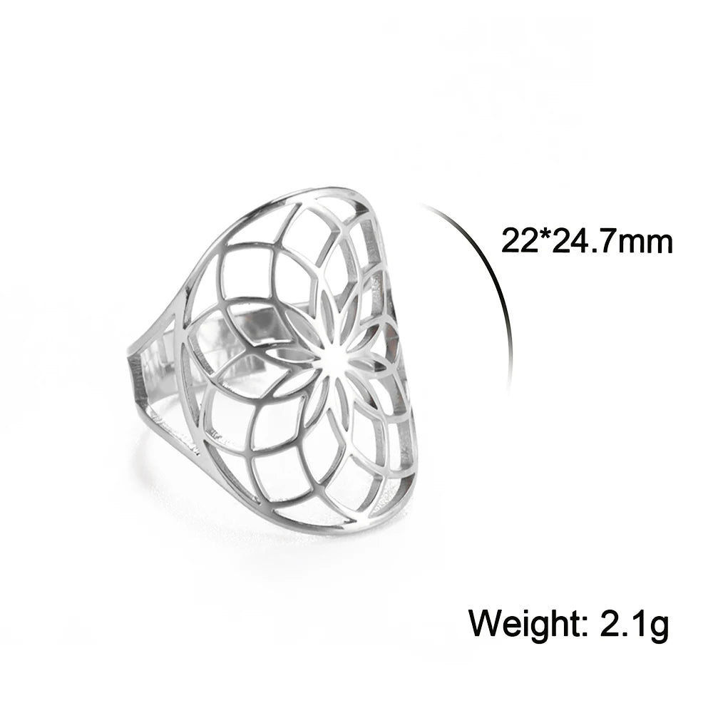 Unift Sacred Geometry Flower of Life Ring Adjustable Stainless Steel Ring Men Women Accessories Vintage Filigree Jewelry Gifts