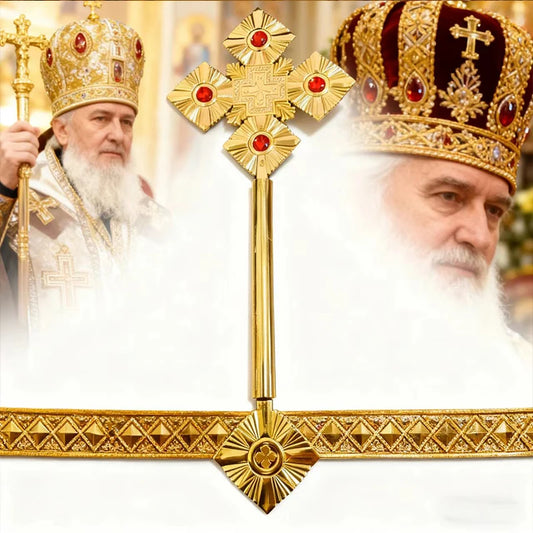 Eastern Orthodox metal cross scepter religious ceremony sacrament celebration inlaid with bright ruby classic religious aestheti
