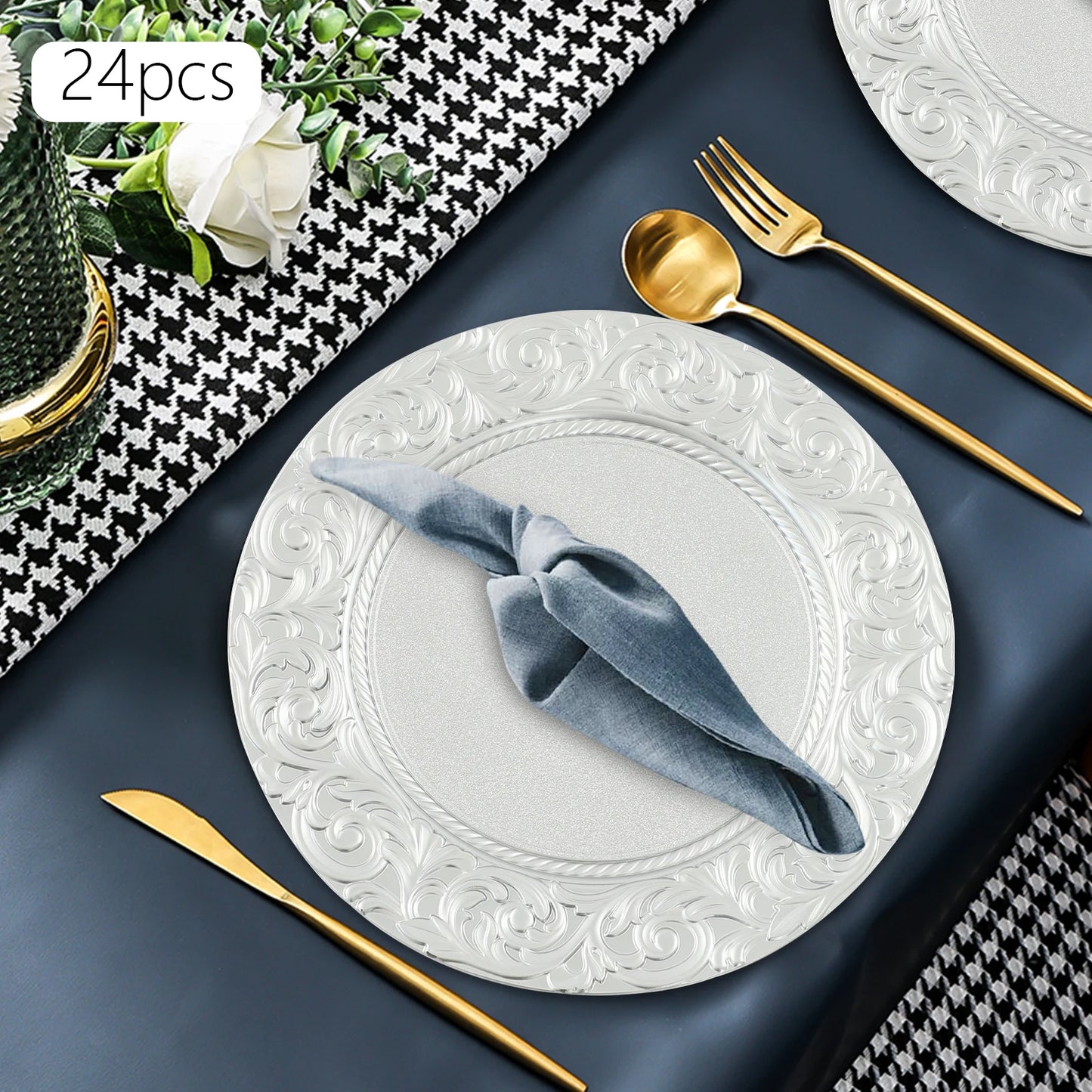 Plates Set Round Plates Reusable Plates Charger Plates 24 Packed Western Dim Sum Plates Silver Green Gold Black