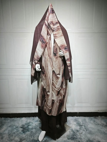 Women Abaya Scarf 2 Piece Set Cardigan Dress Dubai Eid Muslim Print Morocco Kaftan Party Jalabiya Vestidos Largos Arab Long Robe