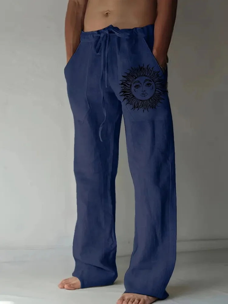 Retro Compass Printed Men's Casual Pants Harajuku Street Trendy Men's Straight Leg Pants Casual High Waisted Drawstring Pants