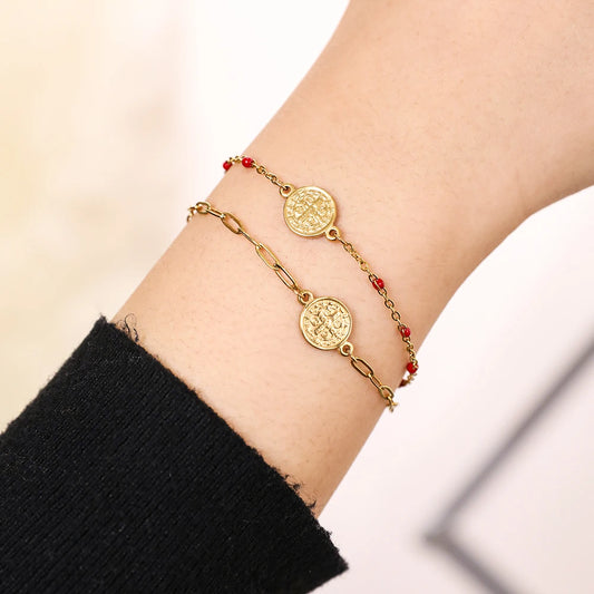 Coin Charm Stainless Steel St Benedict Medal Bracelet San Benito Bracelet Adjustable Link Chain Bohemia Bracelet